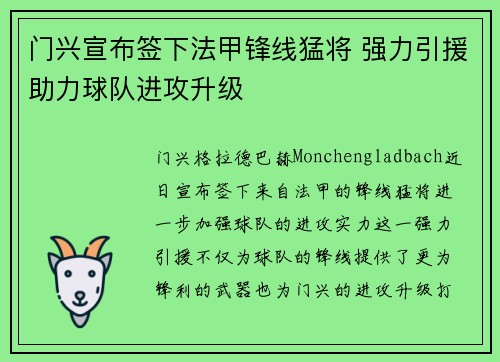 门兴宣布签下法甲锋线猛将 强力引援助力球队进攻升级