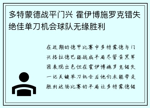 多特蒙德战平门兴 霍伊博施罗克错失绝佳单刀机会球队无缘胜利